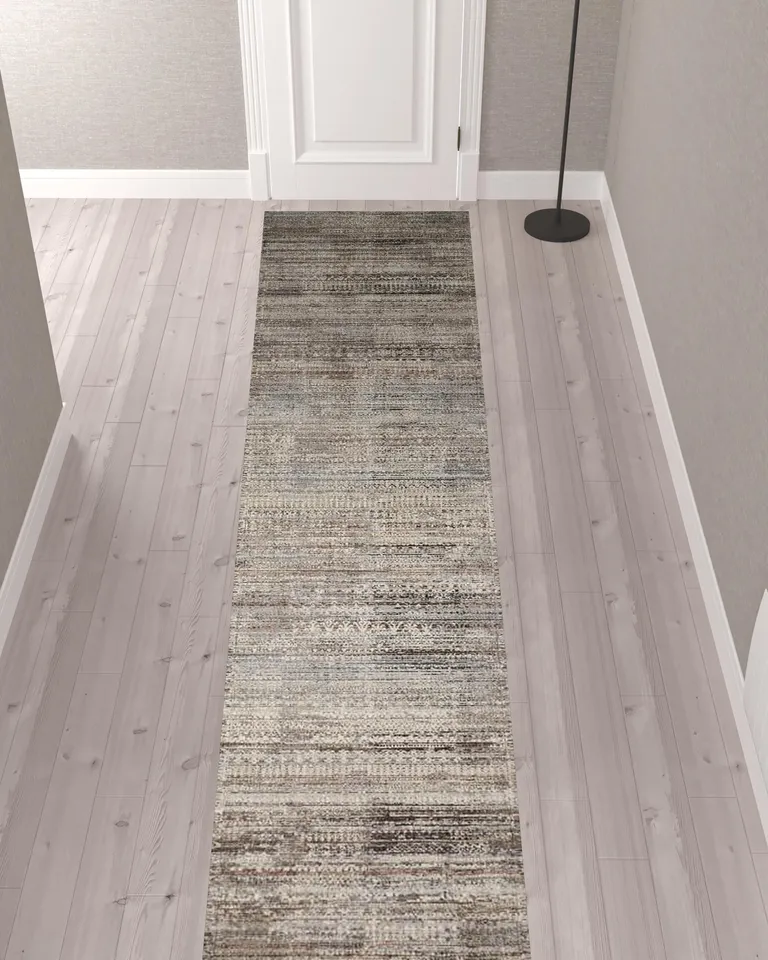 12' Ivory Gray And Black Abstract Distressed Runner Rug With Fringe Photo 2