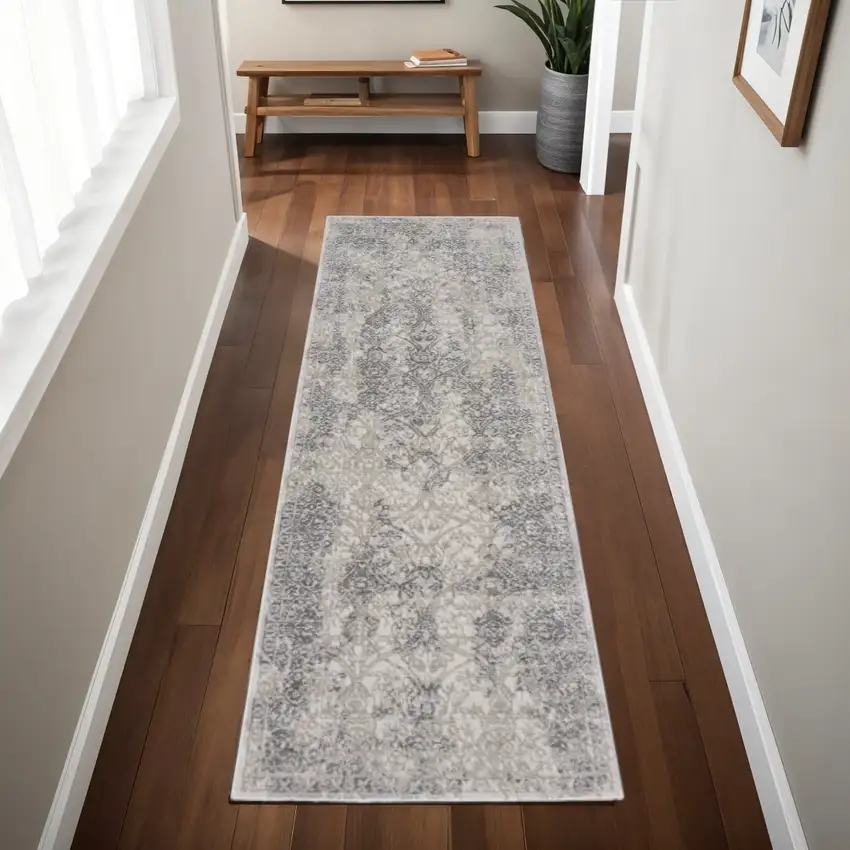 8' Ivory Gray And Black Abstract Stain Resistant Runner Rug Photo 1