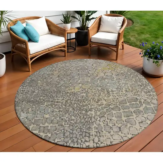 8' Ivory Gray And Black Round Abstract Washable Indoor Outdoor Area Rug Photo 1