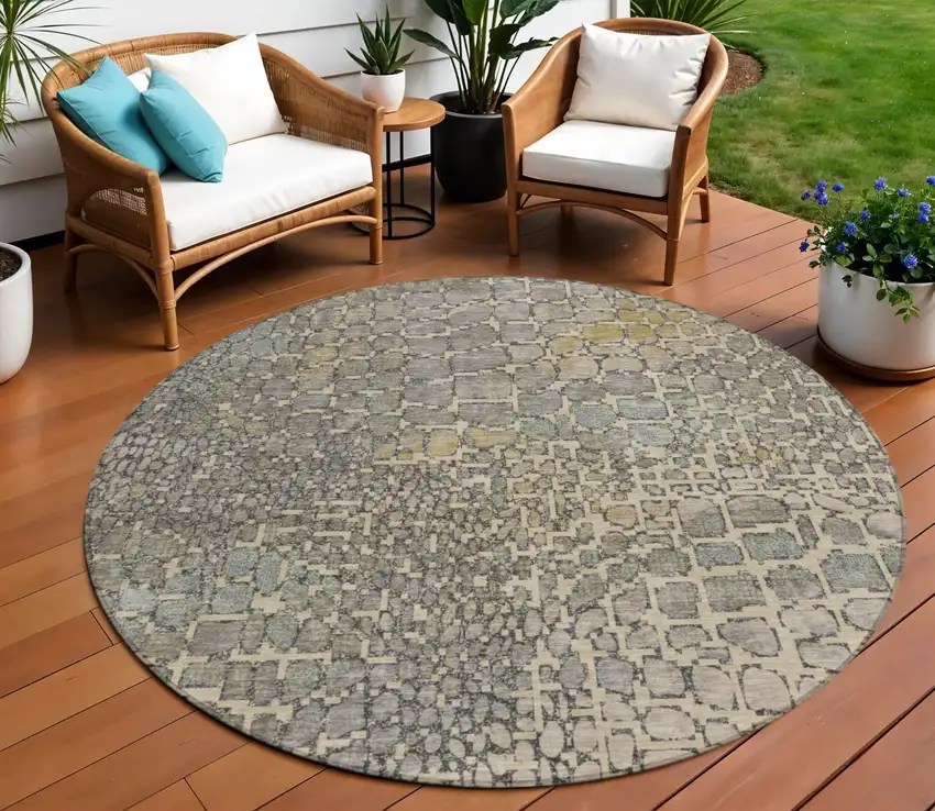 8' Ivory Gray And Black Round Abstract Washable Indoor Outdoor Area Rug Photo 1