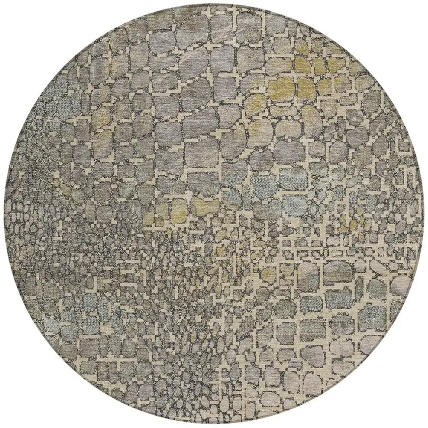 8' Ivory Gray And Black Round Abstract Washable Indoor Outdoor Area Rug Photo 5