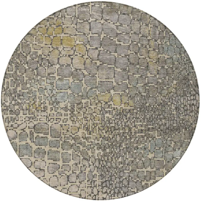 8' Ivory Gray And Black Round Abstract Washable Indoor Outdoor Area Rug Photo 6
