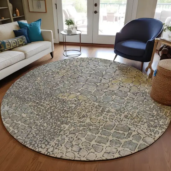 8' Ivory Gray And Black Round Abstract Washable Indoor Outdoor Area Rug Photo 8