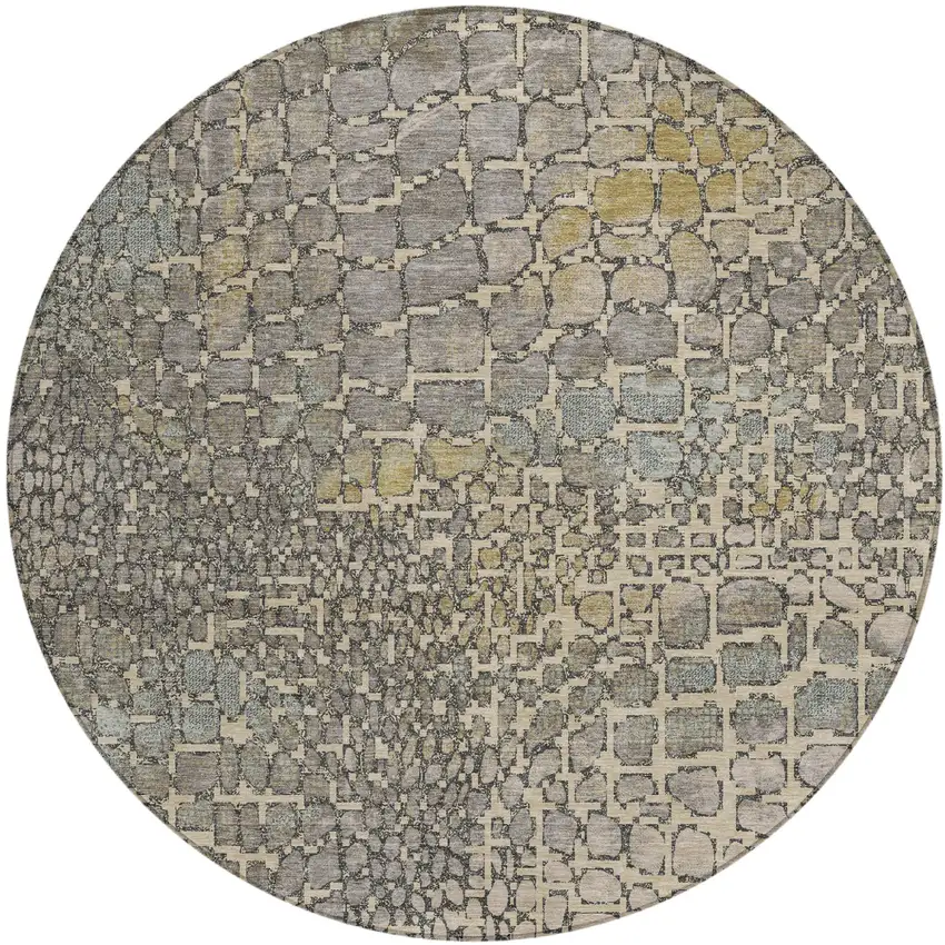 8' Ivory Gray And Black Round Abstract Washable Indoor Outdoor Area Rug Photo 2