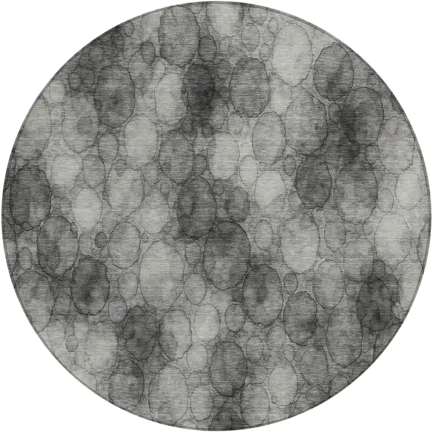8' Ivory Gray And Black Round Abstract Washable Indoor Outdoor Area Rug Photo 1