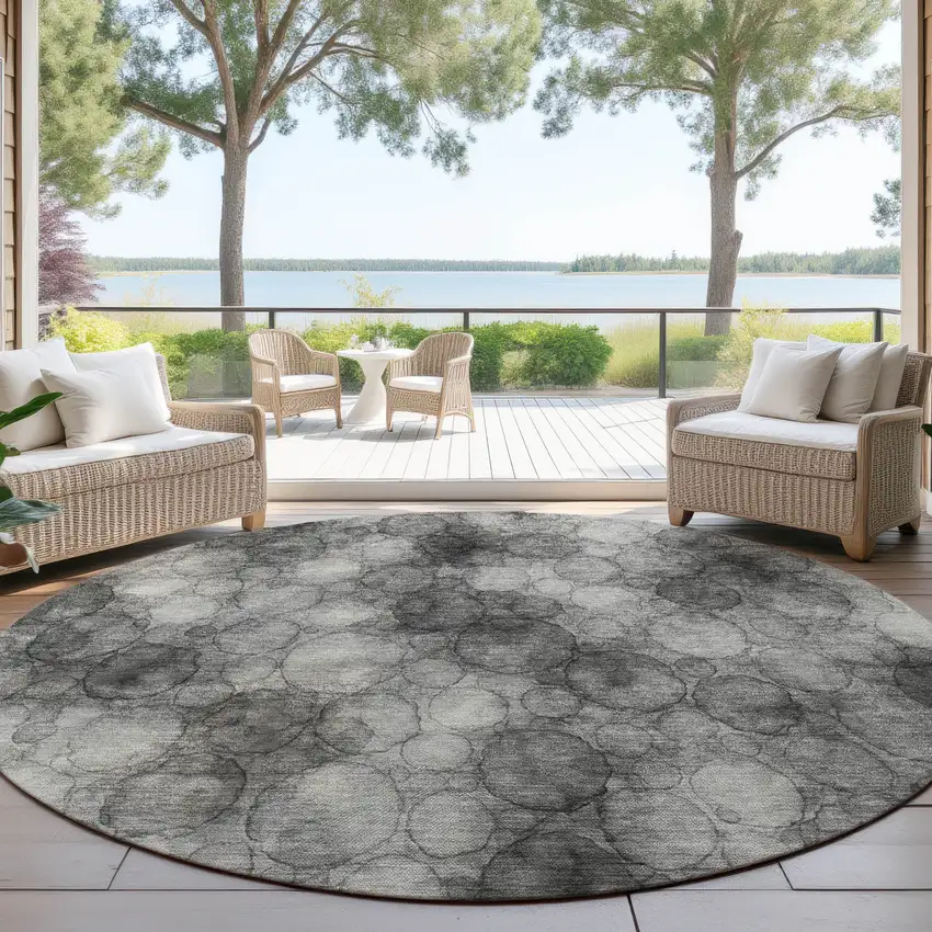 8' Ivory Gray And Black Round Abstract Washable Indoor Outdoor Area Rug Photo 4