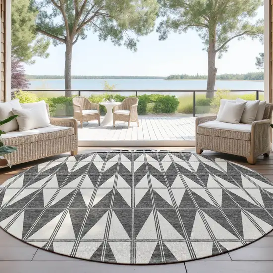8' Ivory Gray And Black Round Geometric Washable Indoor Outdoor Area Rug Photo 4
