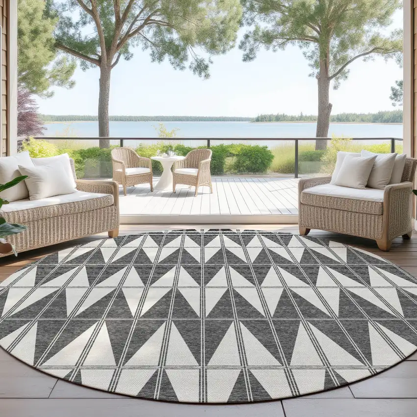 8' Ivory Gray And Black Round Geometric Washable Indoor Outdoor Area Rug Photo 4