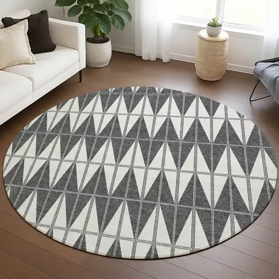 8' Ivory Gray And Black Round Geometric Washable Indoor Outdoor Area Rug Photo 5