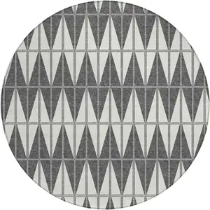 Photo of 8' Ivory Gray And Black Round Geometric Washable Indoor Outdoor Area Rug