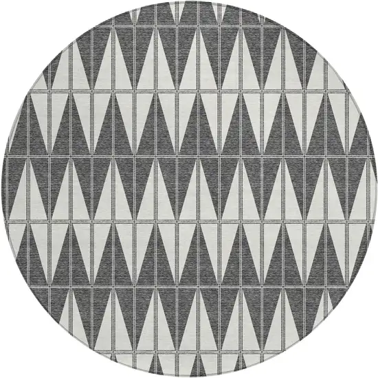 8' Ivory Gray And Black Round Geometric Washable Indoor Outdoor Area Rug Photo 1
