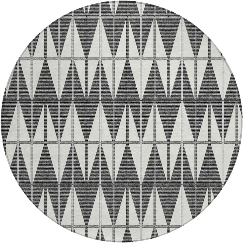 8' Ivory Gray And Black Round Geometric Washable Indoor Outdoor Area Rug Photo 1