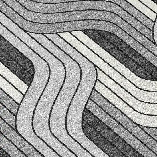 8' Ivory Gray And Black Round Striped Washable Indoor Outdoor Area Rug Photo 9