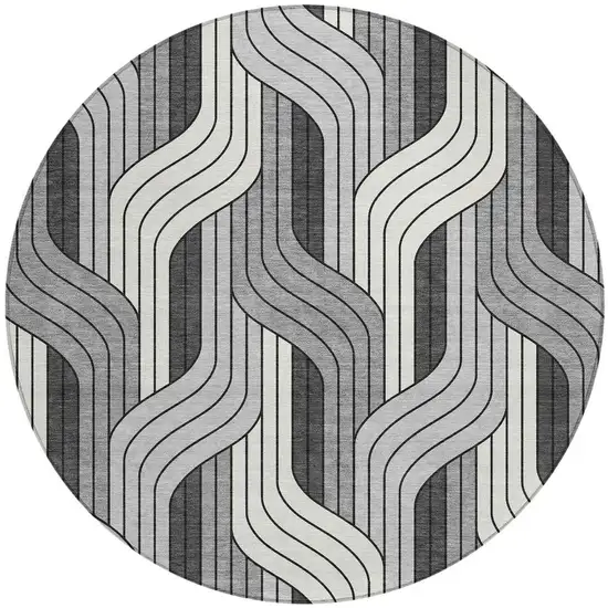 8' Ivory Gray And Black Round Striped Washable Indoor Outdoor Area Rug Photo 3