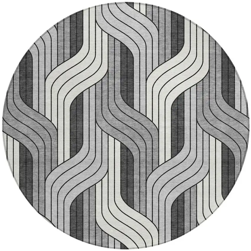 8' Ivory Gray And Black Round Striped Washable Indoor Outdoor Area Rug Photo 3