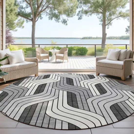 8' Ivory Gray And Black Round Striped Washable Indoor Outdoor Area Rug Photo 4