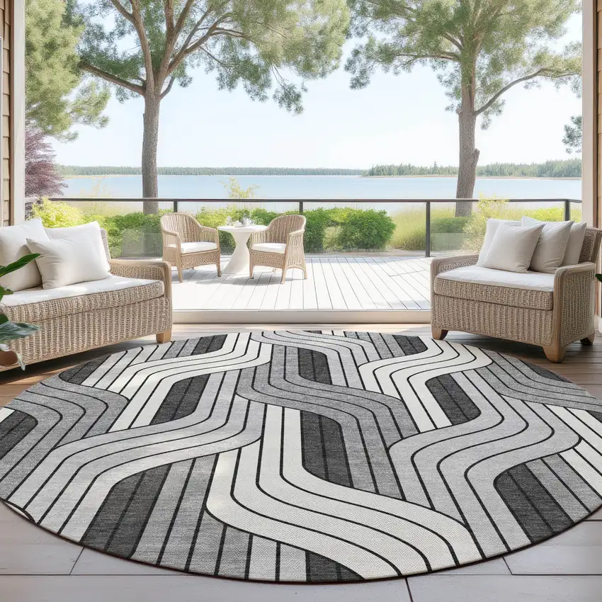 8' Ivory Gray And Black Round Striped Washable Indoor Outdoor Area Rug Photo 4