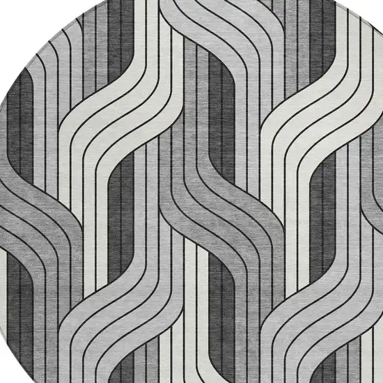 8' Ivory Gray And Black Round Striped Washable Indoor Outdoor Area Rug Photo 2