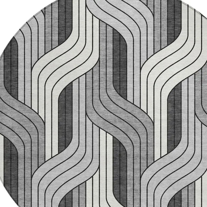 8' Ivory Gray And Black Round Striped Washable Indoor Outdoor Area Rug Photo 2
