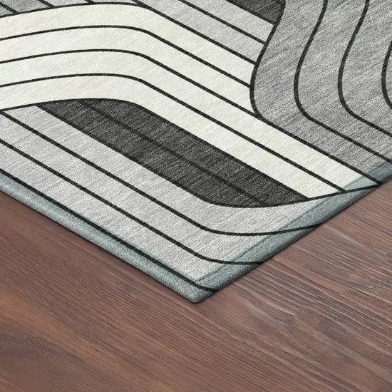 8' Ivory Gray And Black Round Striped Washable Indoor Outdoor Area Rug Photo 8