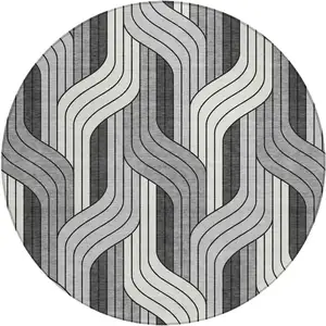 Photo of 8' Ivory Gray And Black Round Striped Washable Indoor Outdoor Area Rug