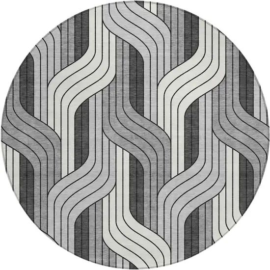 8' Ivory Gray And Black Round Striped Washable Indoor Outdoor Area Rug Photo 1