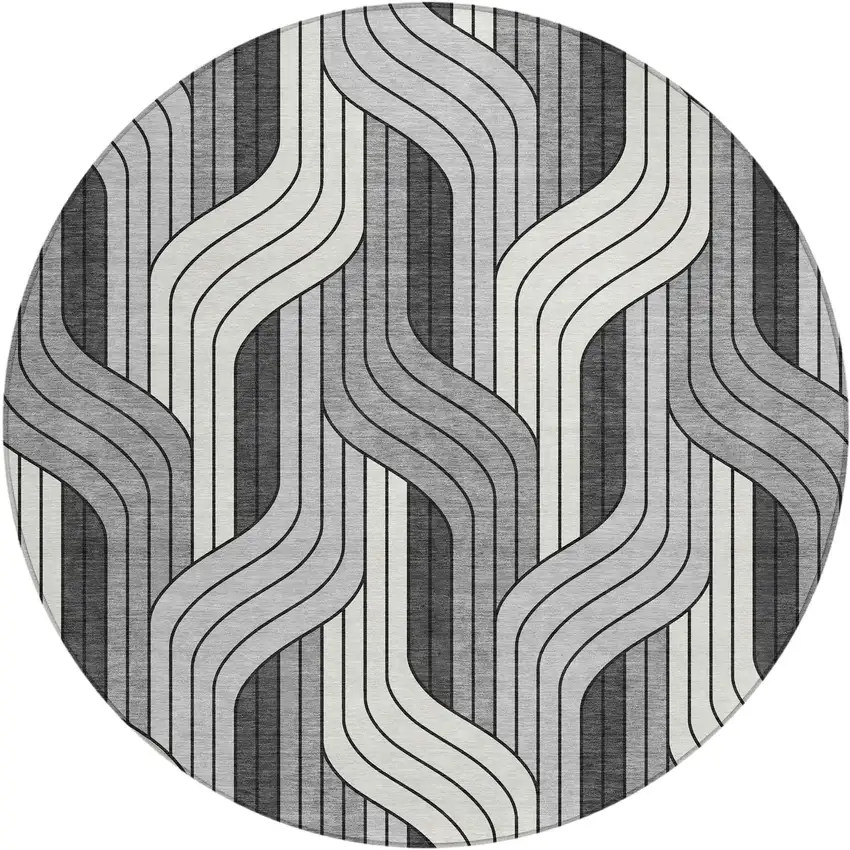 8' Ivory Gray And Black Round Striped Washable Indoor Outdoor Area Rug Photo 1