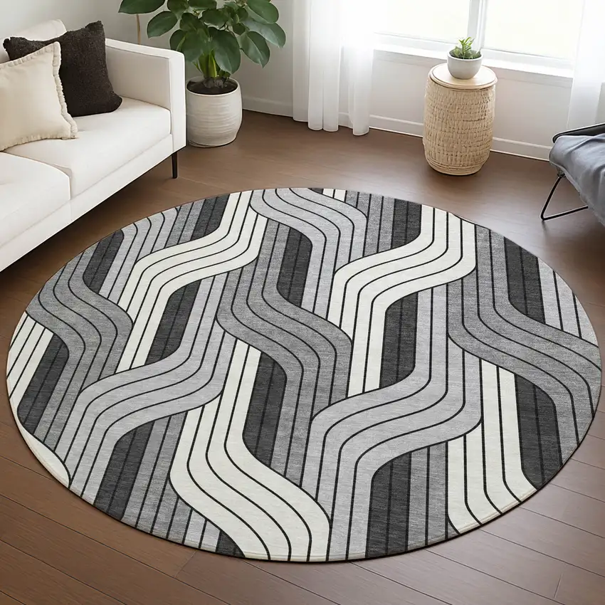 8' Ivory Gray And Black Round Striped Washable Indoor Outdoor Area Rug Photo 5