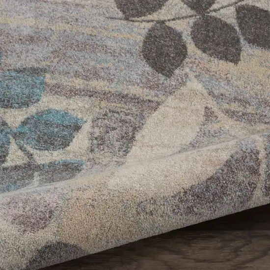 8' Ivory Gray And Blue Botanical Leaves Round Rug Photo 8