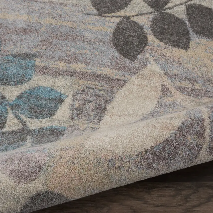 8' Ivory Gray And Blue Botanical Leaves Round Rug Photo 8