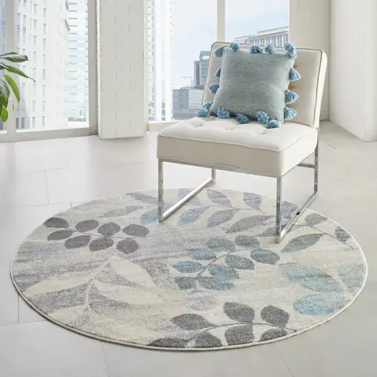 8' Ivory Gray And Blue Botanical Leaves Round Rug Photo 6