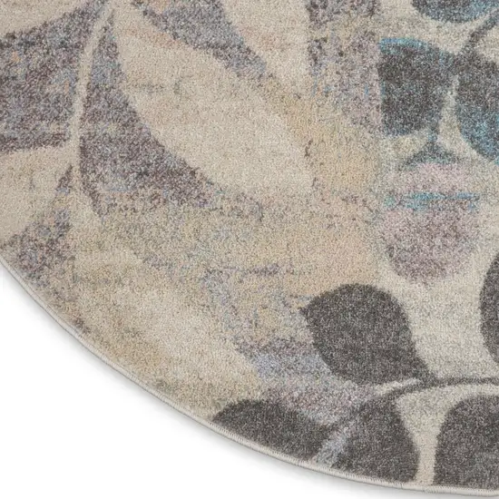 8' Ivory Gray And Blue Botanical Leaves Round Rug Photo 9