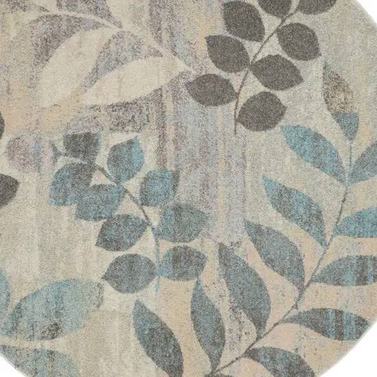 4' Ivory Gray And Blue Botanical Leaves Round Rug Photo 6