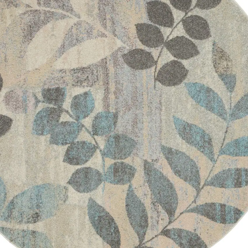 4' Ivory Gray And Blue Botanical Leaves Round Rug Photo 6