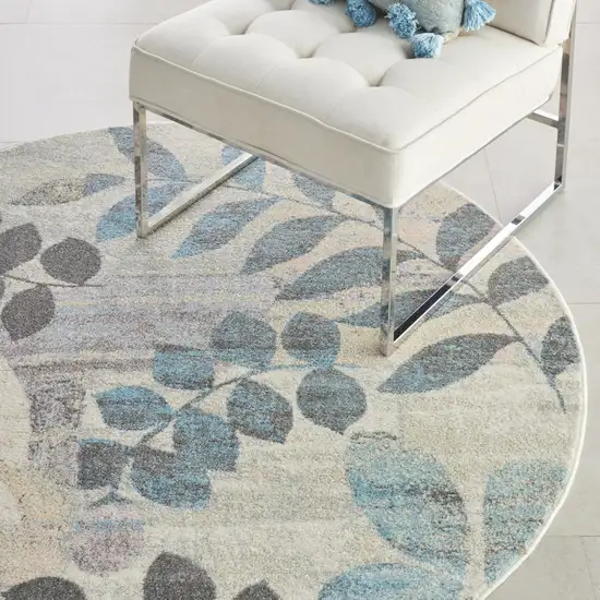 4' Ivory Gray And Blue Botanical Leaves Round Rug Photo 6