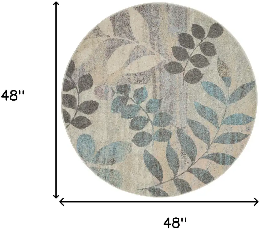 4' Ivory Gray And Blue Botanical Leaves Round Rug Photo 3
