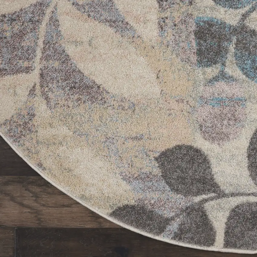 4' Ivory Gray And Blue Botanical Leaves Round Rug Photo 4