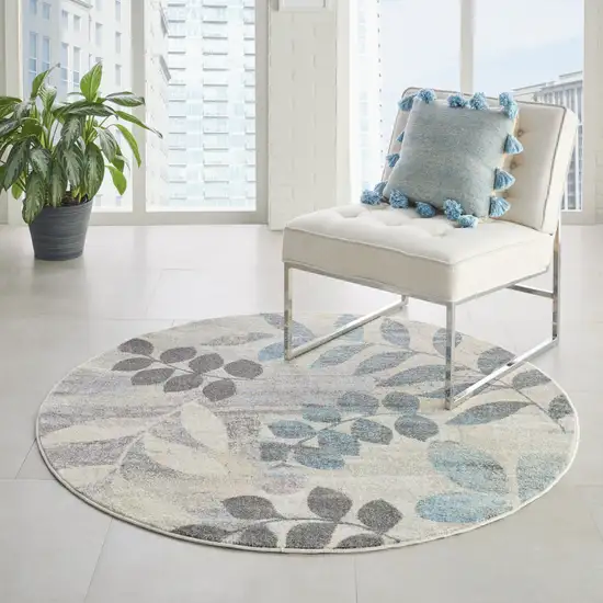4' Ivory Gray And Blue Botanical Leaves Round Rug Photo 9