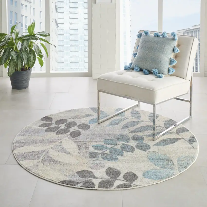 4' Ivory Gray And Blue Botanical Leaves Round Rug Photo 9