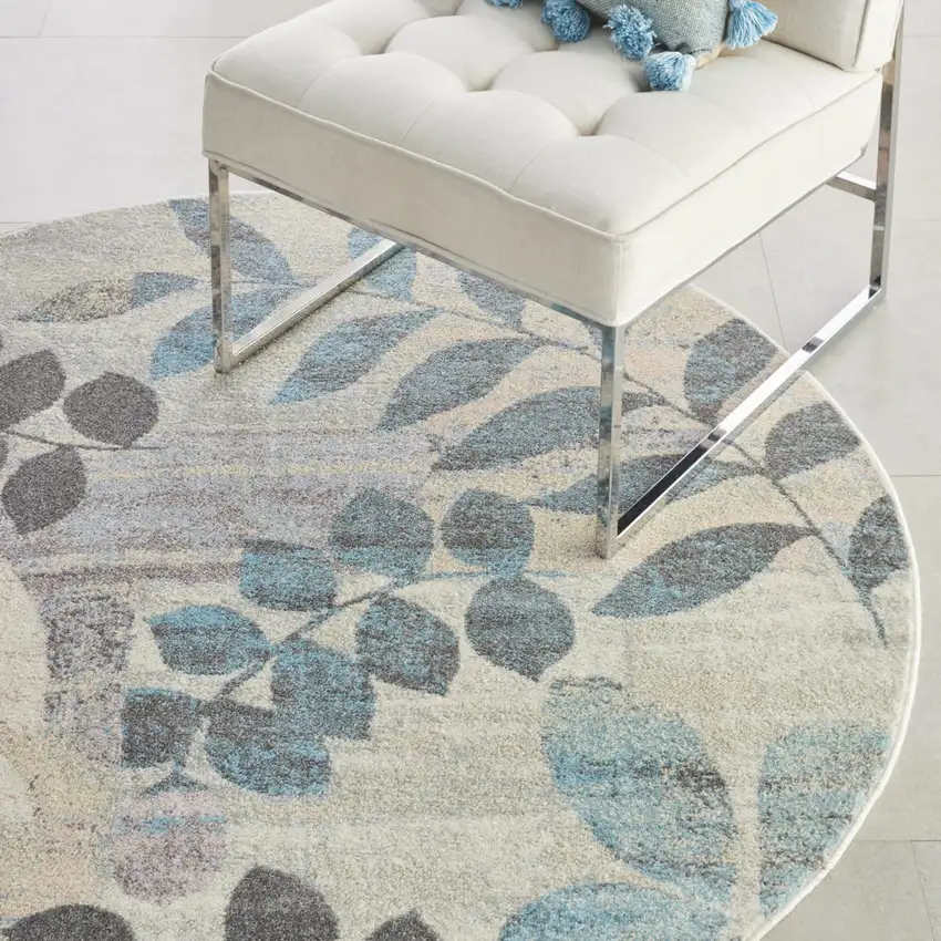 4' Ivory Gray And Blue Botanical Leaves Round Rug Photo 8