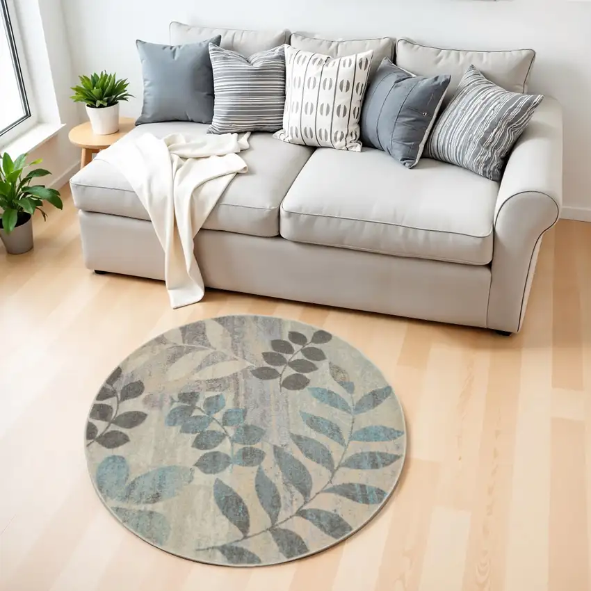 4' Ivory Gray And Blue Botanical Leaves Round Rug Photo 1