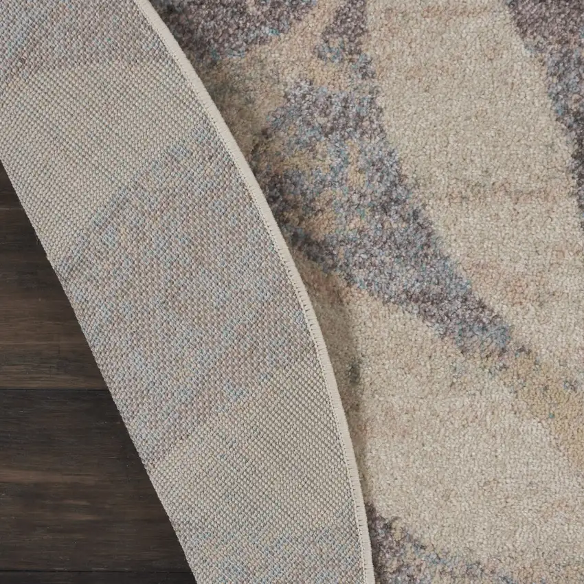 4' Ivory Gray And Blue Botanical Leaves Round Rug Photo 5