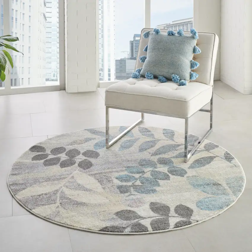 4' Ivory Gray And Blue Botanical Leaves Round Rug Photo 7