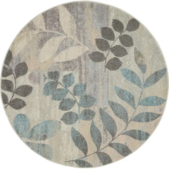 4' Ivory Gray And Blue Botanical Leaves Round Rug Photo 4