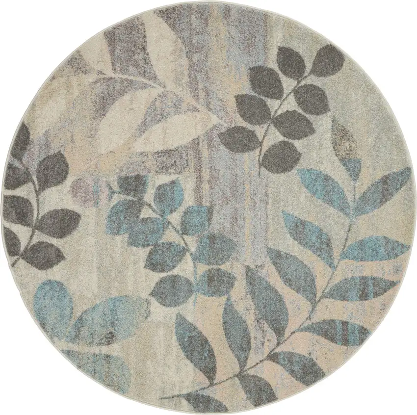 4' Ivory Gray And Blue Botanical Leaves Round Rug Photo 4