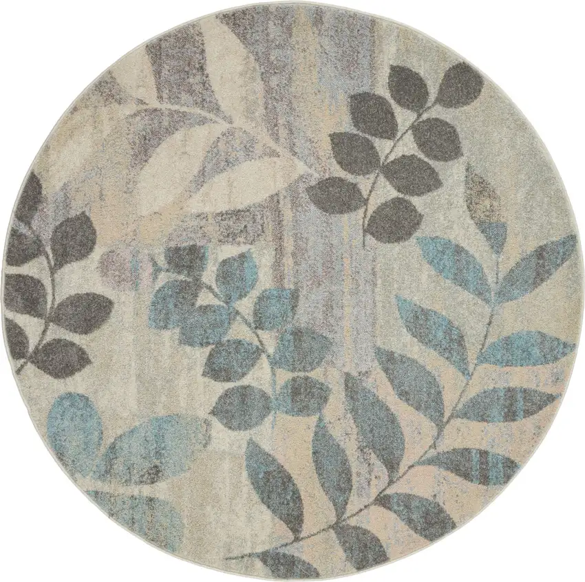 4' Ivory Gray And Blue Botanical Leaves Round Rug Photo 2