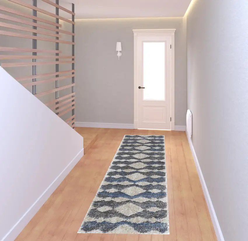 8' Ivory Gray And Blue Chevron Power Loom Stain Resistant Runner Rug Photo 2