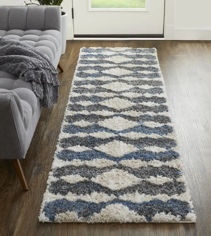 8' Ivory Gray And Blue Chevron Power Loom Stain Resistant Runner Rug Photo 4