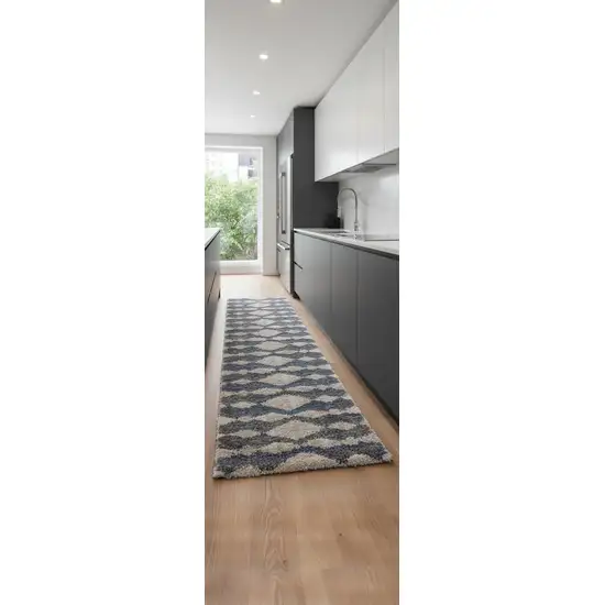 8' Ivory Gray And Blue Chevron Power Loom Stain Resistant Runner Rug Photo 1