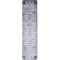 Photo of 8' Ivory Gray And Blue Floral Power Loom Distressed Stain Resistant Runner Rug
